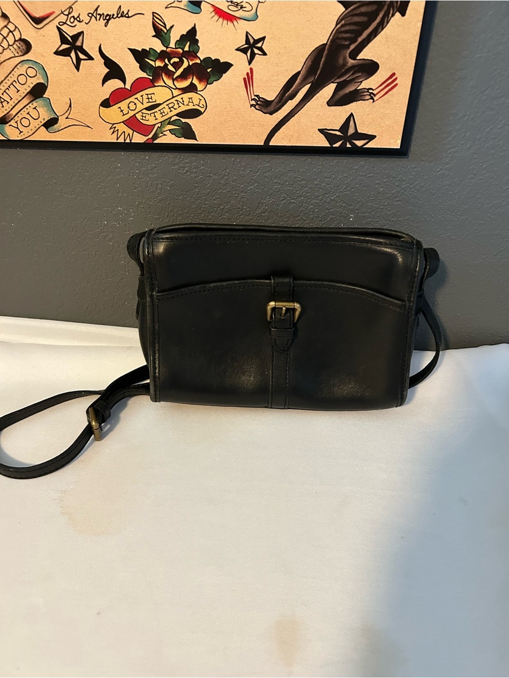 Liz Claiborne Black Leather Crossbody Bag with Buckle Accent